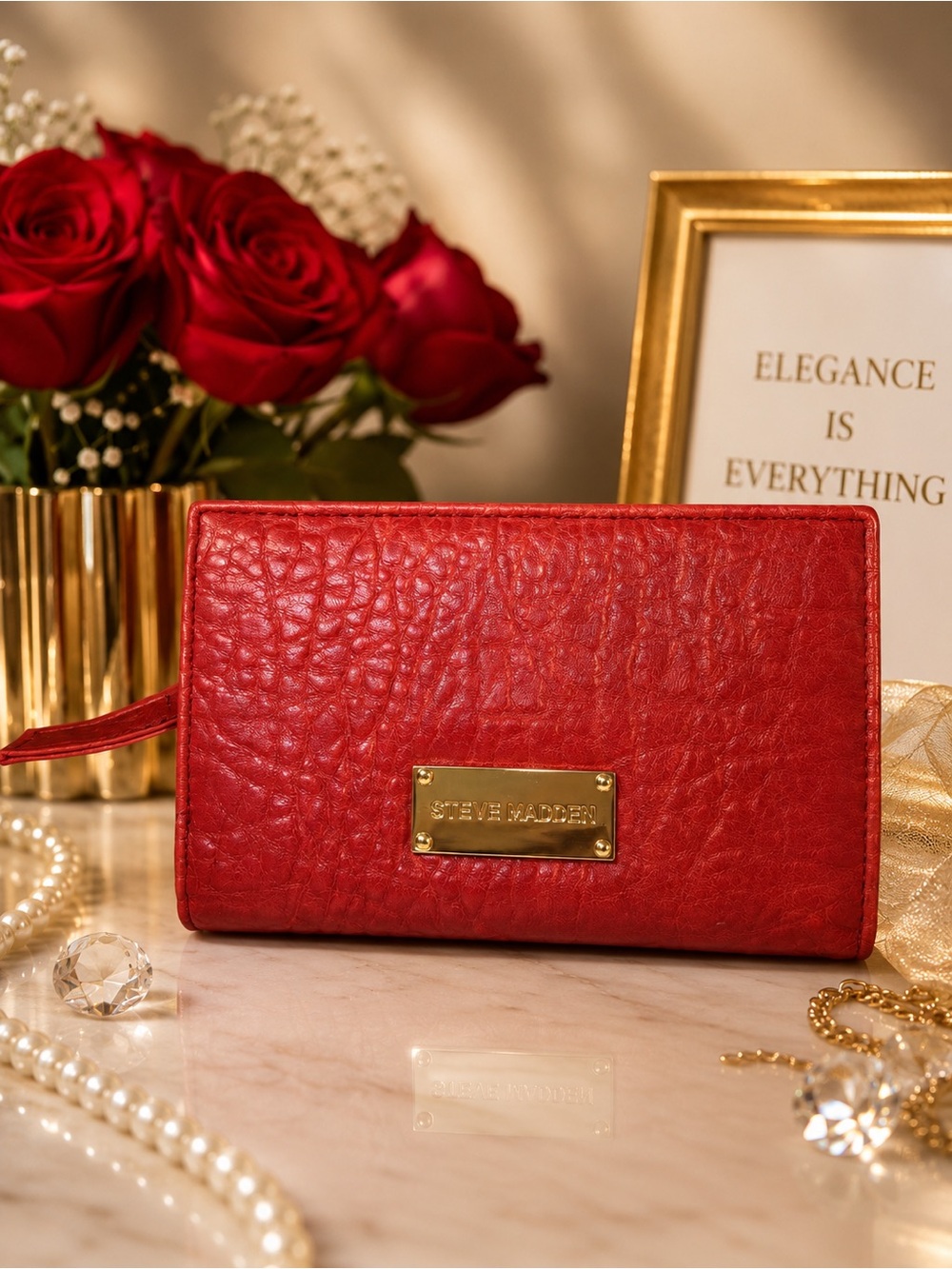 Steve Madden Red Quilted Leather Zip-Around Wallet with Gold Plate